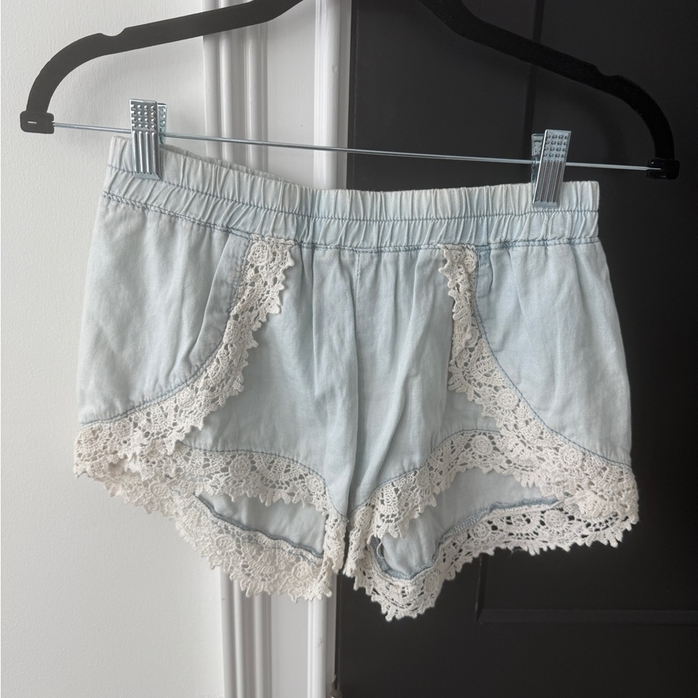 Light Blue Jean Shorts with Lace Trim